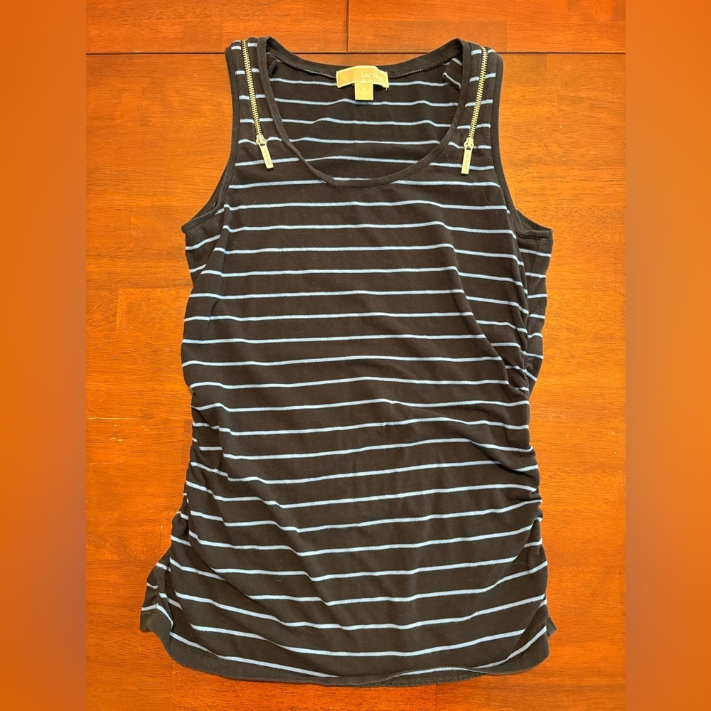 MICHAEL Michael Kors Navy Blue Stripe Zipper Shoulder Ruched Tank Top sz Medium